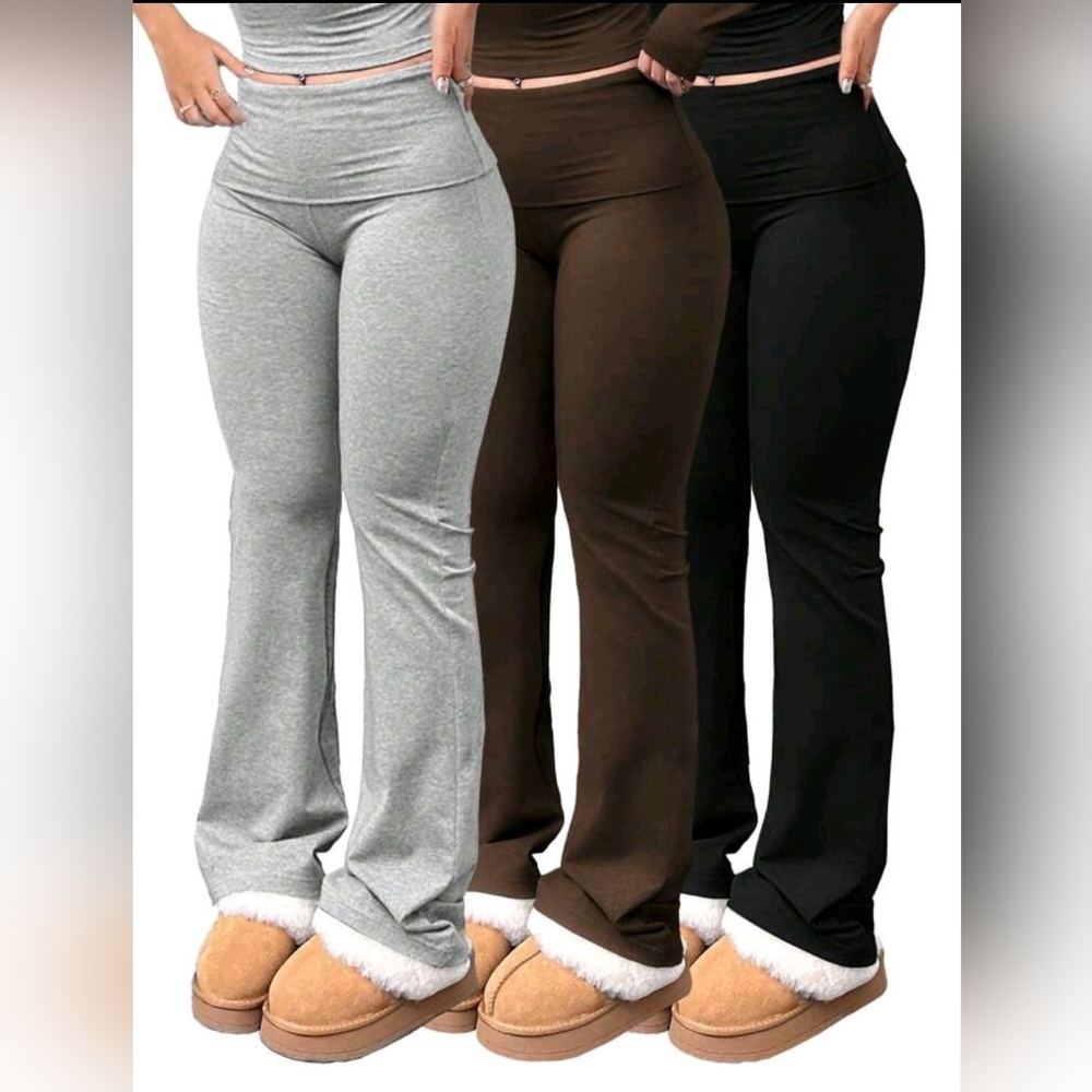 3 PAIRS CONTROL TOP HIGH, FOLD DOWN WAIST YOGA PANTS W/FLARE LEG SZ XL